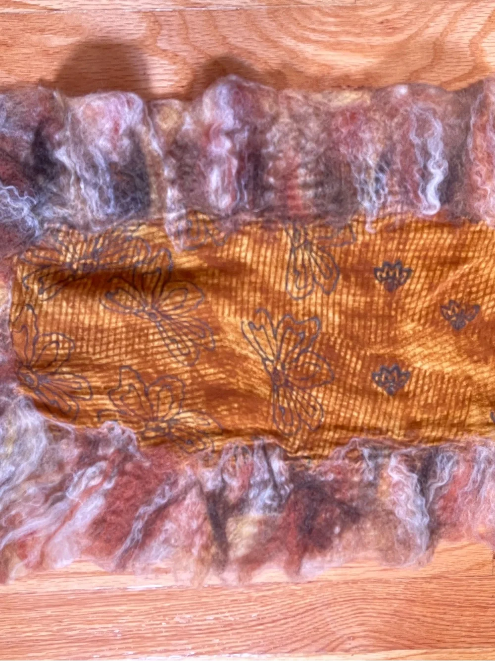 Handcrafted Nuno Felted Wool Scarf in Brown and Gold Tones